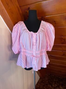 Joie Pink Striped Puff Sleeve Peplum Blouse sz XL NWOT